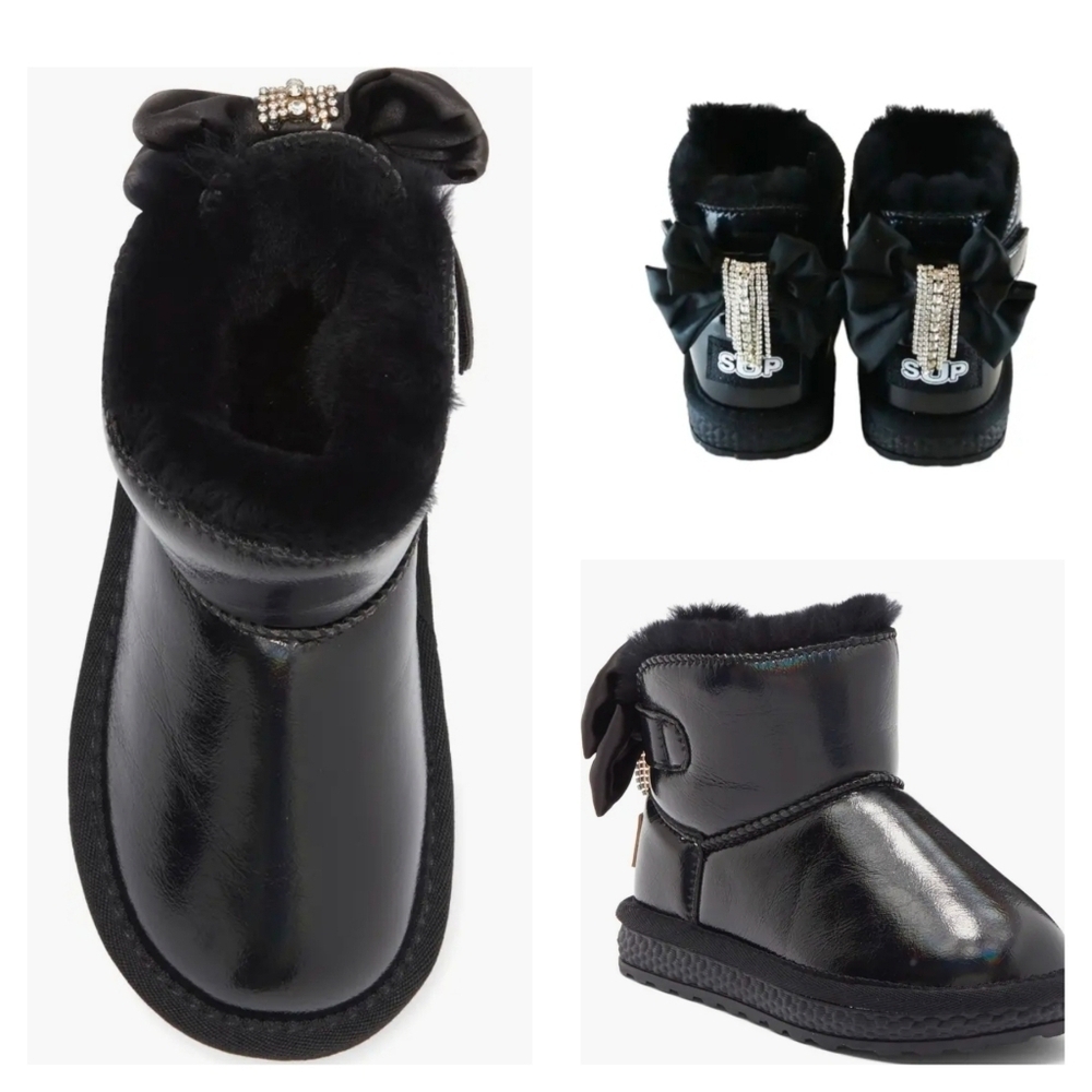 Metallic Black Faux Fur Rhinestone Tassel Bow Boots